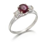 A RUBY AND DIAMOND THREE STONE RING