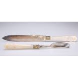 A VICTORIAN SILVER, SILVER-GILT AND MOTHER-OF-PEARL SERVING KNIFE AND FORK