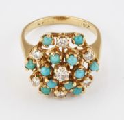 A TURQUOISE AND DIAMOND CLUSTER RING