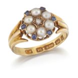 A VICTORIAN 15CT GOLD SPLIT PEARL, SAPPHIRE AND DIAMOND CLUSTER RING