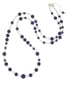 A LAPIS LAZULI, CULTURED PEARL NECKLACE AND AQUAMARINE NECKLACE