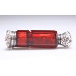 AN UNUSUAL VICTORIAN DOUBLE-ENDED CRANBERRY GLASS VINAIGRETTE/SMELLING SALTS BOTTLE