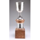 A BRITANNIA SILVER TROPHY CUP ON A MOUSEMAN OAK STAND