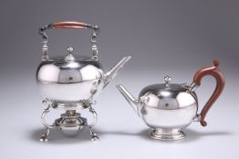 A GEORGE VI SILVER MINIATURE SPIRIT KETTLE ON STAND, AND TEAPOT