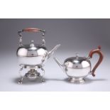 A GEORGE VI SILVER MINIATURE SPIRIT KETTLE ON STAND, AND TEAPOT