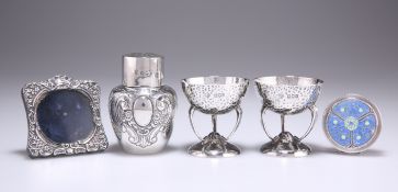 A PAIR OF ARTS AND CRAFTS SILVER SALTS, ETC.
