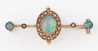A LATE VICTORIAN BLACK OPAL AND SEED PEARL BROOCH