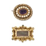 TWO GEORGIAN BROOCHES, COMPRISING; AN AMETHYST AND SEED PEARL BROOCH