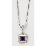 AN 18CT WHITE GOLD AMETHYST AND DIAMOND PENDANT ON CHAIN