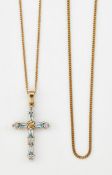 A 9CT GOLD BLUE TOPAZ AND DIAMOND CROSS PENDANT ON A FINE CUBAN LINK CHAIN