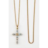 A 9CT GOLD BLUE TOPAZ AND DIAMOND CROSS PENDANT ON A FINE CUBAN LINK CHAIN