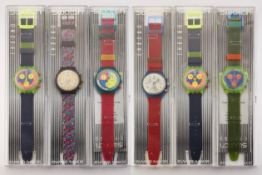 A GROUP OF SIX ASSORTED SWATCH CHRONOGRAPH WATCHES