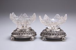 A PAIR OF GERMAN SILVER AND CUT-GLASS SALTS