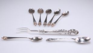 ASSORTED SILVER COFFEE AND TEASPOONS, AND A PICKLE FORK