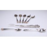 ASSORTED SILVER COFFEE AND TEASPOONS, AND A PICKLE FORK