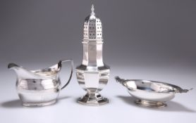 A SILVER CREAM JUG, BON BON DISH AND CASTER