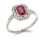 A RUBY AND DIAMOND CLUSTER RING