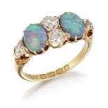 A VICTORIAN 18CT GOLD BLACK OPAL AND DIAMOND RING