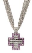 A PINK SAPPHIRE AND DIAMOND CROSS PENDANT ON CHAIN