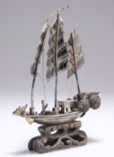 A CHINESE WHITE-METAL MODEL OF A SHIP