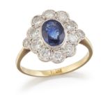 A SAPPHIRE AND DIAMOND CLUSTER RING