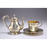 A FRENCH SILVER-GILT COFFEE POT, CUP AND SAUCER, MID 19TH CENTURY