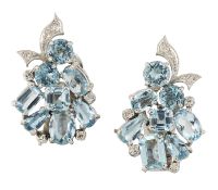 A PAIR OF AQUAMARINE AND DIAMOND CLIP EARRINGS