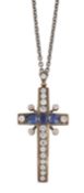 A CUBIC ZIRCONIA AND SYNTHETIC SAPPHIRE CROSS PENDANT ON CHAIN