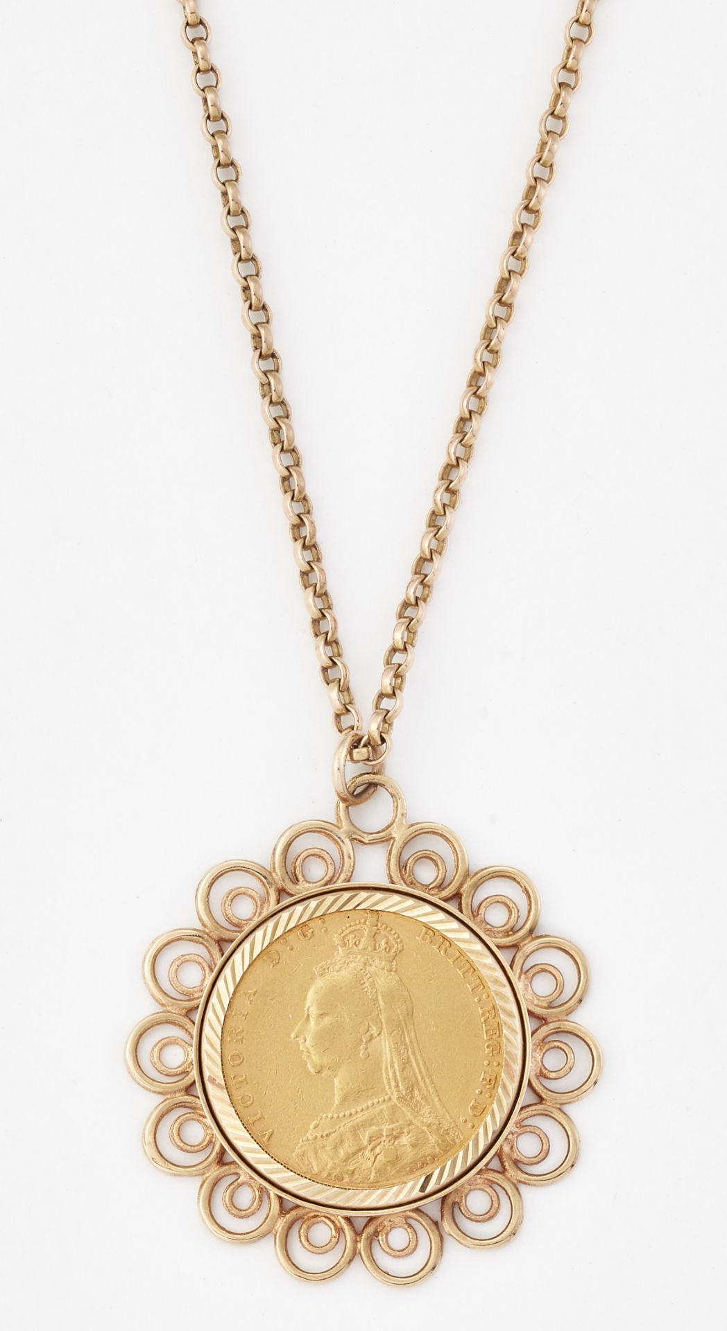 A 1889 VICTORIA SOVEREIGN LOOSE MOUNT IN A 9CT GOLD SCROLL FRAME AS A PENDANT