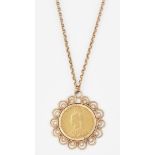 A 1889 VICTORIA SOVEREIGN LOOSE MOUNT IN A 9CT GOLD SCROLL FRAME AS A PENDANT