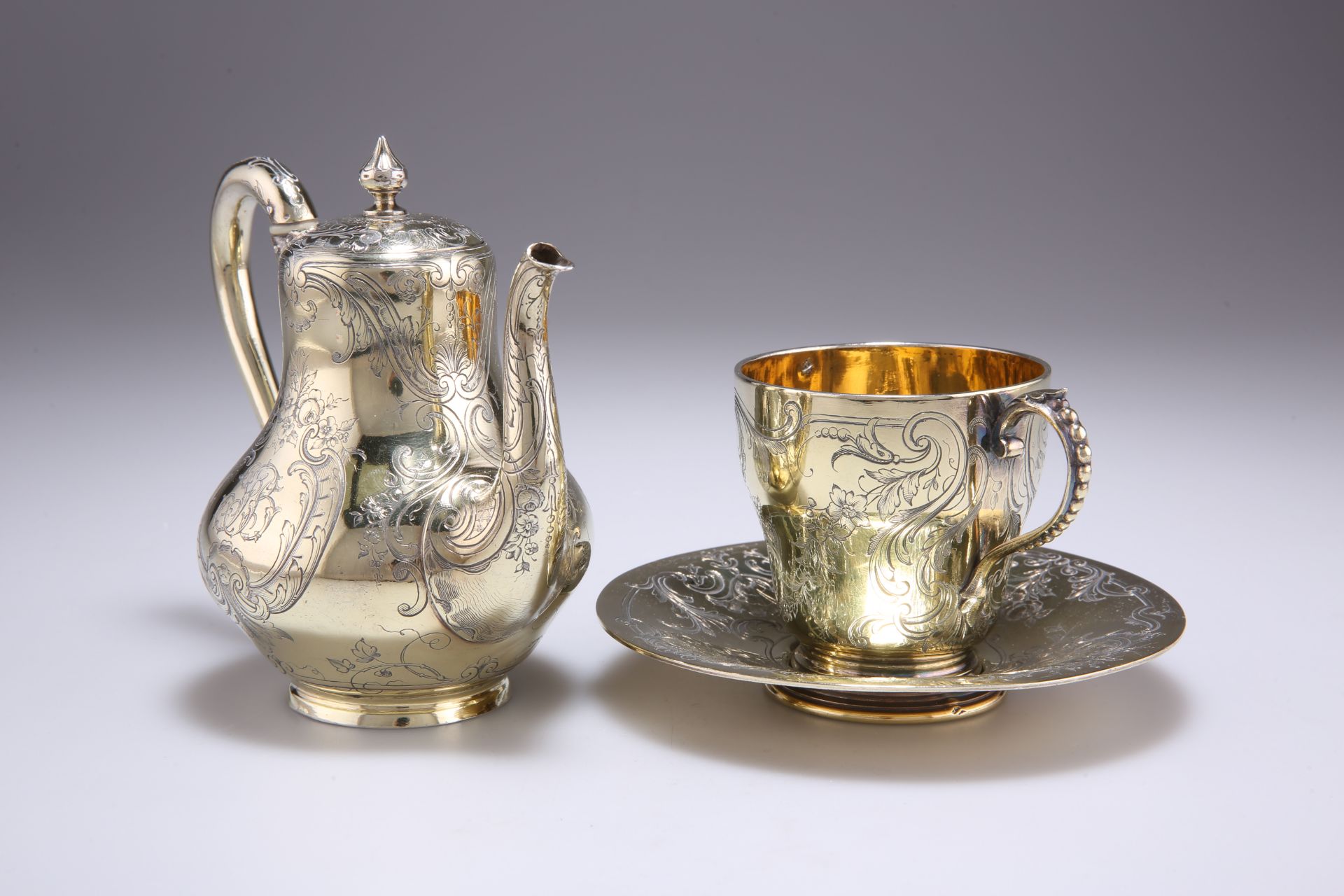 A FRENCH SILVER-GILT COFFEE POT, CUP AND SAUCER, MID 19TH CENTURY - Image 2 of 2