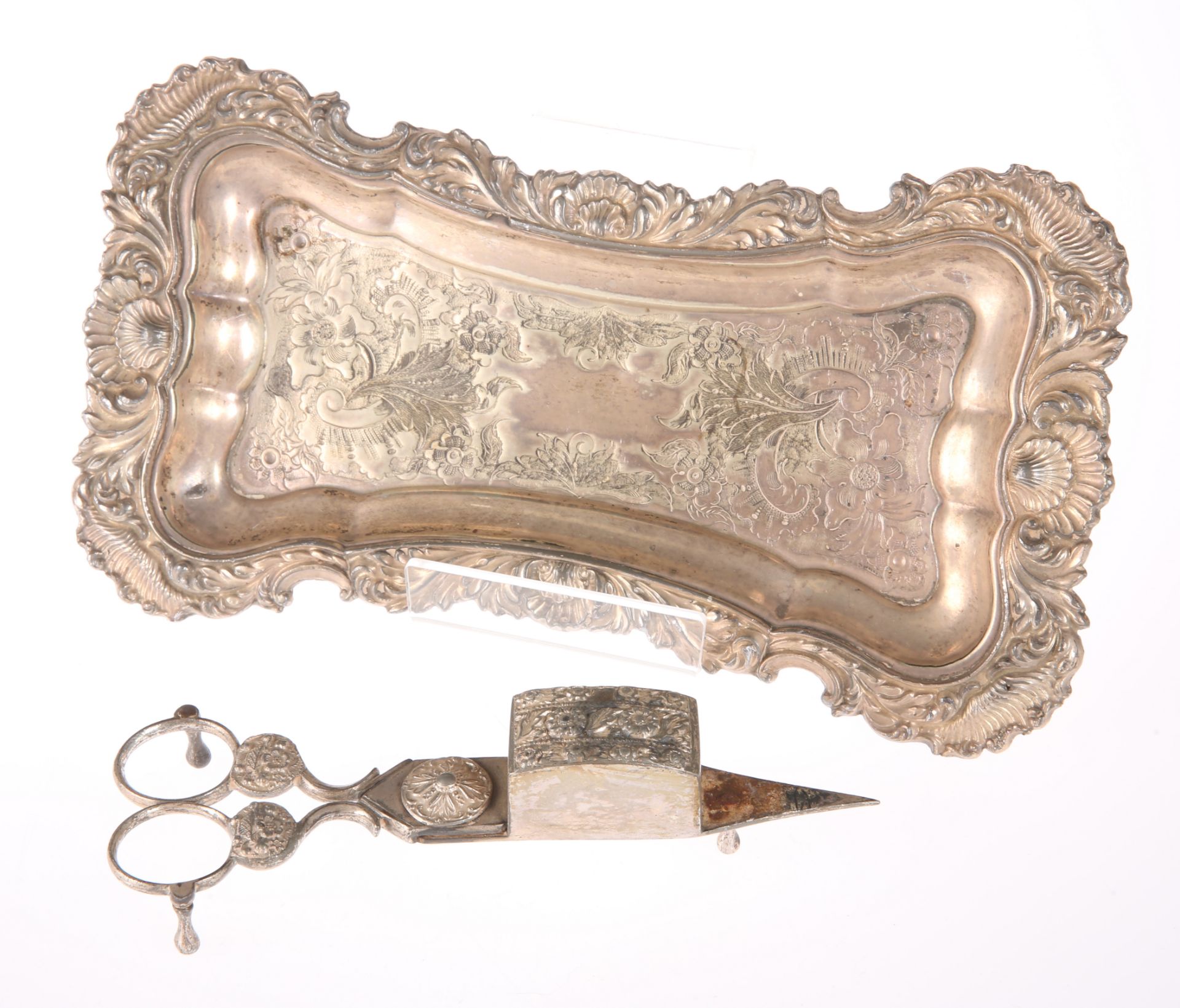 19TH CENTURY SILVER PLATED CANDLE SNUFFERS ON TRAY