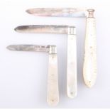THREE MOTHER OF PEARL MOUNTED AND SILVER BLADED PEN KNIVES
