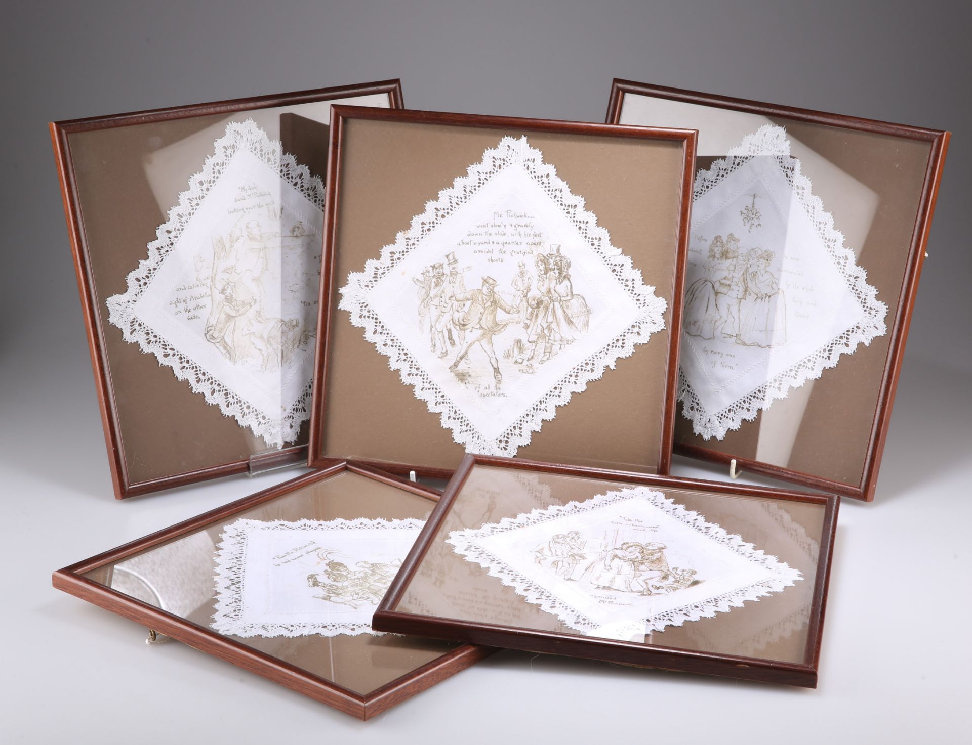 A GROUP OF FIVE CHARLES DICKENS PICKWICK PAPERS PRINTED LACE EDGED HANDKERCHIEFS