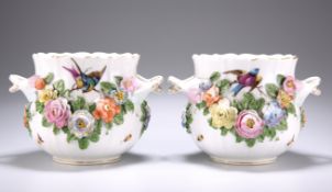 A PAIR OF DRESDEN FLORAL-ENCRUSTED CACHEPOTS