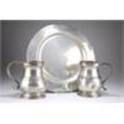 TWO PEWTER QUART TANKARDS AND A PEWTER DISH