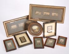 EIGHT VARIOUS MINIATURE COLOURED ETCHINGS, depicting figures and topographical scenes, together with