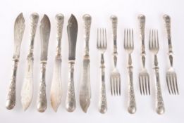 A SET OF SIX VICTORIAN SILVER-PLATED FISH KNIVES AND FORKS