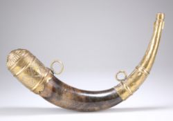 A 19TH CENTURY BRASS MOUNTED POWDER HORN