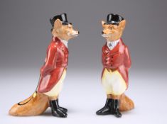 A PAIR OF ROYAL DOULTON FOX FIGURES DRESSED WITH TOP HATS AND RED COATS