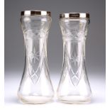 A PAIR OF EDWARDIAN SILVER-RIMMED CUT-GLASS VASES