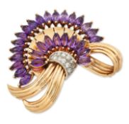 AN AMETHYST AND DIAMOND BROOCH, c.1940s