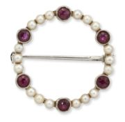 A RUBY AND SEED PEARL BROOCH