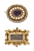 TWO GEORGIAN BROOCHES, COMPRISING; AN AMETHYST AND SEED PEARL BROOCH