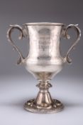 A LARGE 19TH CENTURY INDIAN SILVER TWO-HANDLED TROPHY CUP