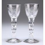 TWO JACOBITE STYLE CORDIAL GLASSES, POSSIBLY WHITEFRIARS