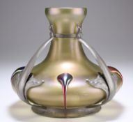 AN ART NOUVEAU PEWTER-MOUNTED IRIDESCENT GLASS VASE