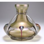 AN ART NOUVEAU PEWTER-MOUNTED IRIDESCENT GLASS VASE