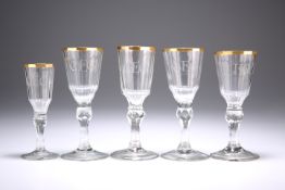 FOUR EARLY 19TH CENTURY WINE GLASSES AND A SINGLE LIQUEUR GLASS