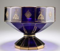 A BOHEMIAN BLUE AND GILT GLASS PEDESTAL BOWL, CIRCA 1875